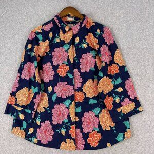Chico's Shirt Women 3 Navy Floral Collared Button Up Blouse Stain Shield No-Iron